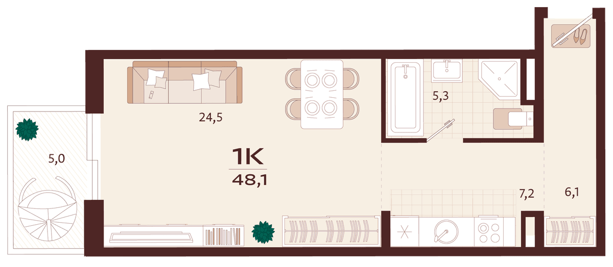 1-к, 48.1 м² · Роялта