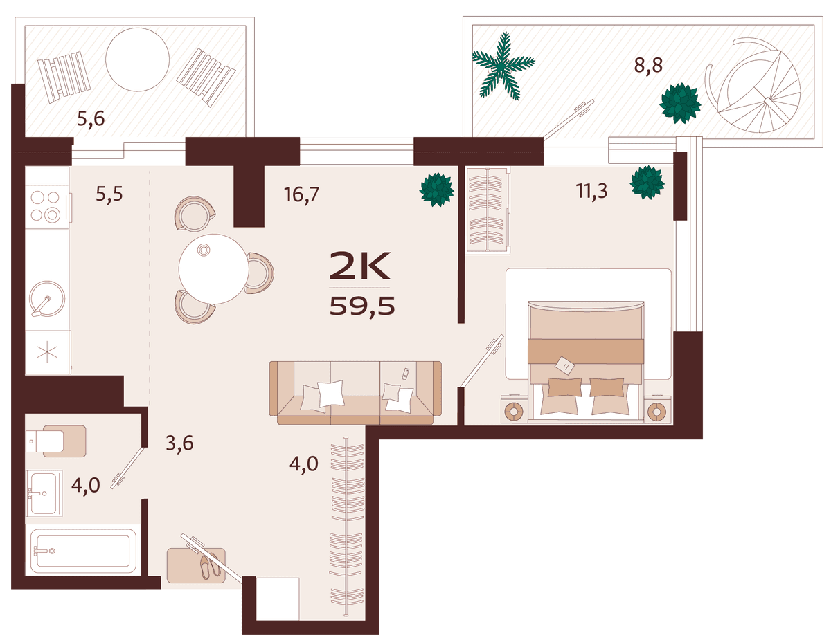 2-к, 59.5 м² · Роялта