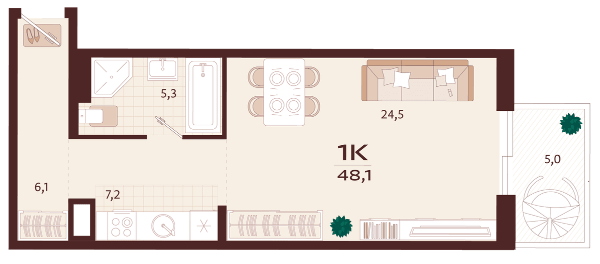 1-к, 48.1 м² · Роялта
