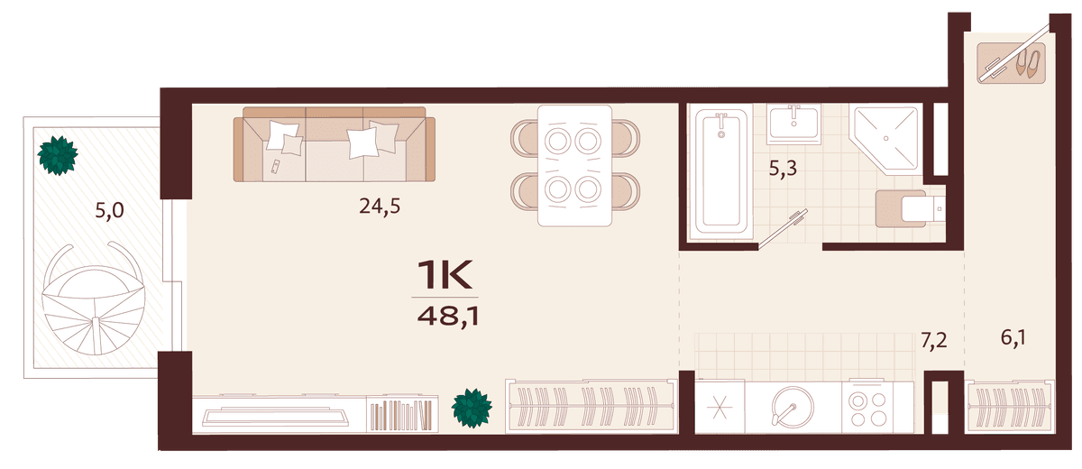 1-к, 48.1 м² · Роялта