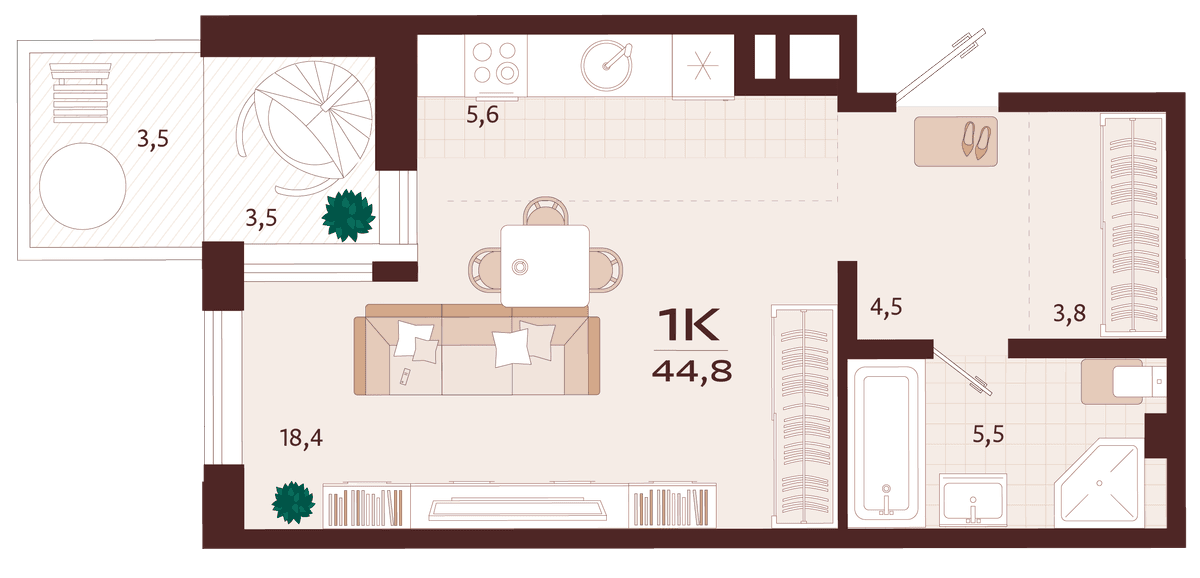 1-к, 44.8 м² · Роялта
