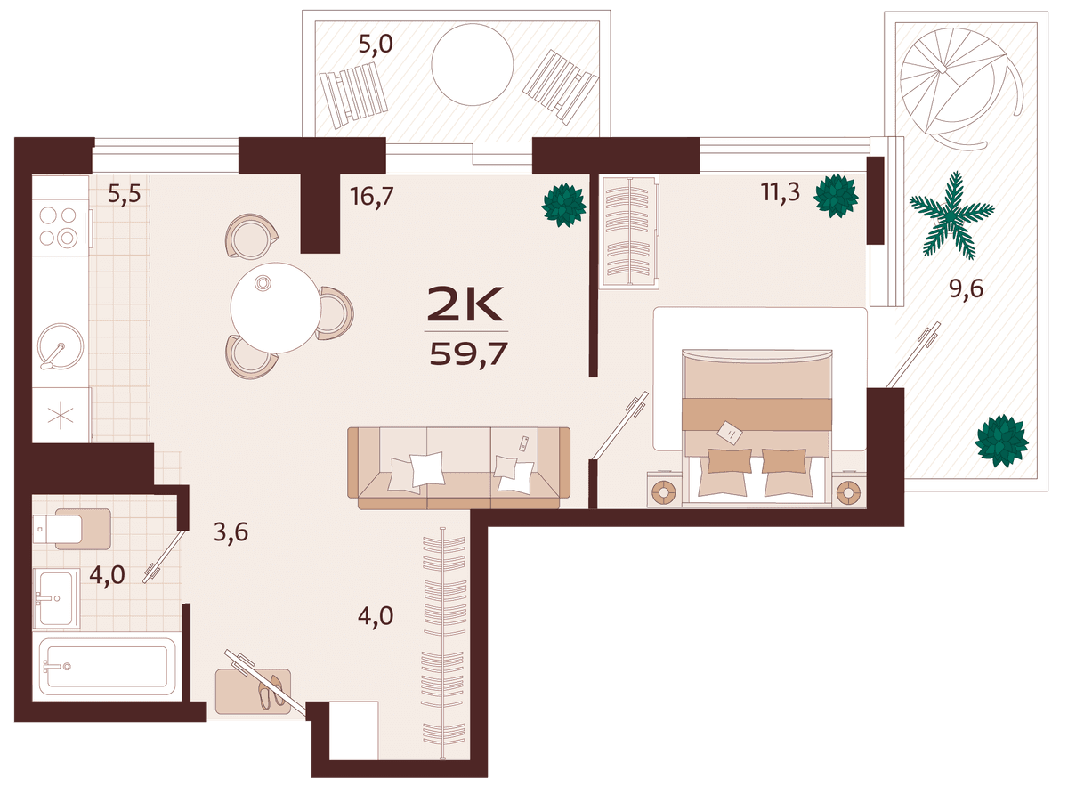 2-к, 59.7 м² · Роялта