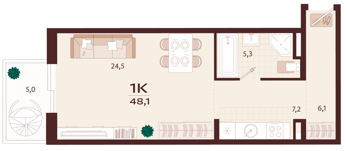1-к, 48.1 м² · Роялта