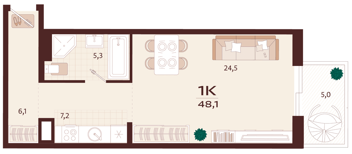 1-к, 48.1 м² · Роялта