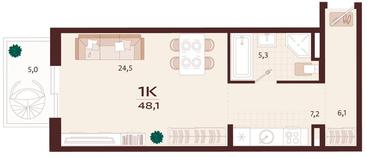 1-к, 48.1 м² · Роялта