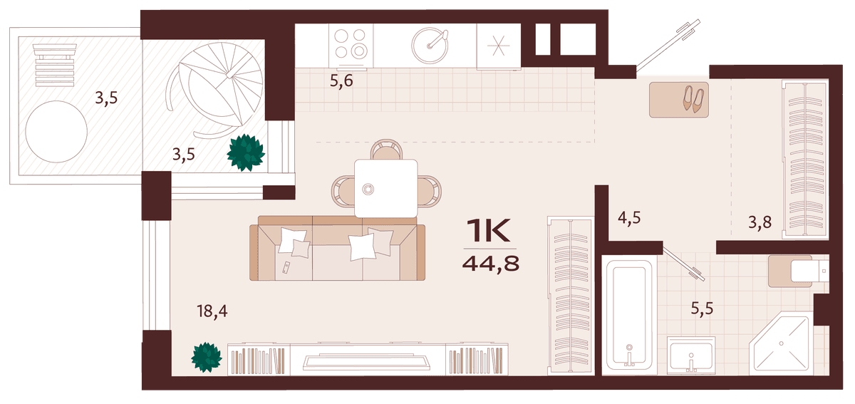 1-к, 44.8 м² · Роялта
