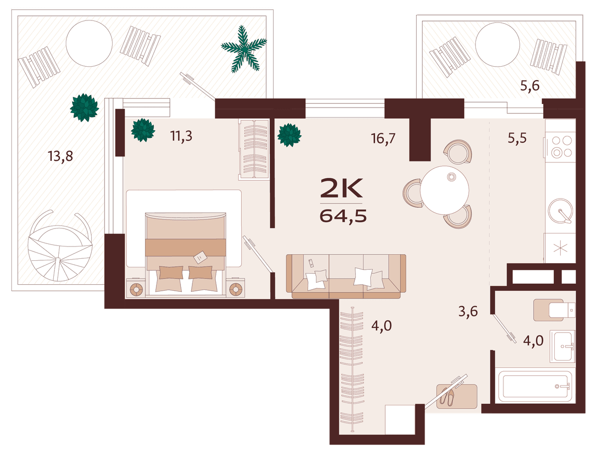 2-к, 64.5 м² · Роялта