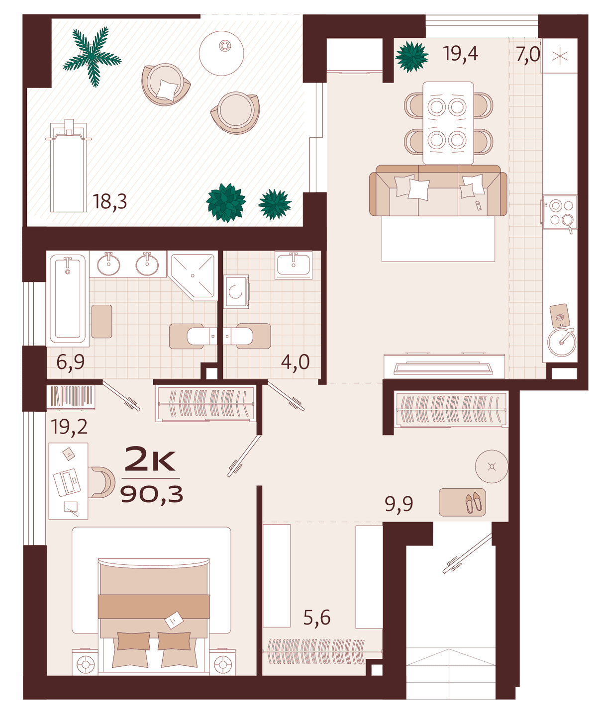 2-к, 90.3 м² · Роялта