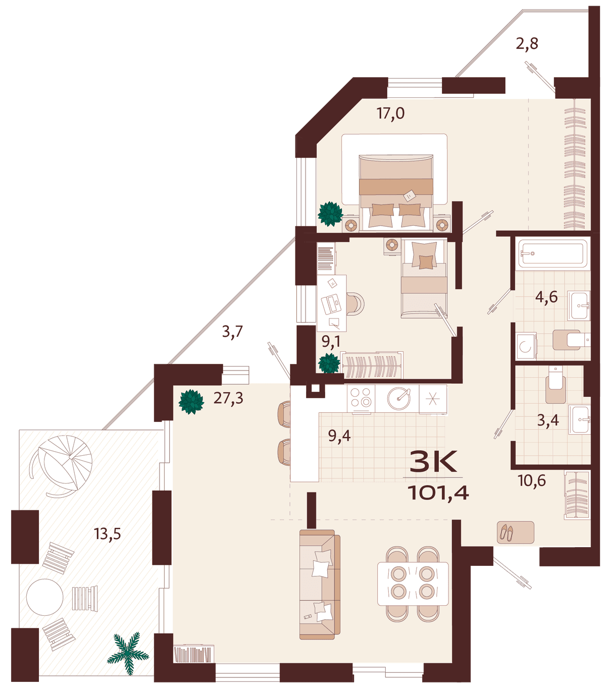 3-к, 101.4 м² · Роялта