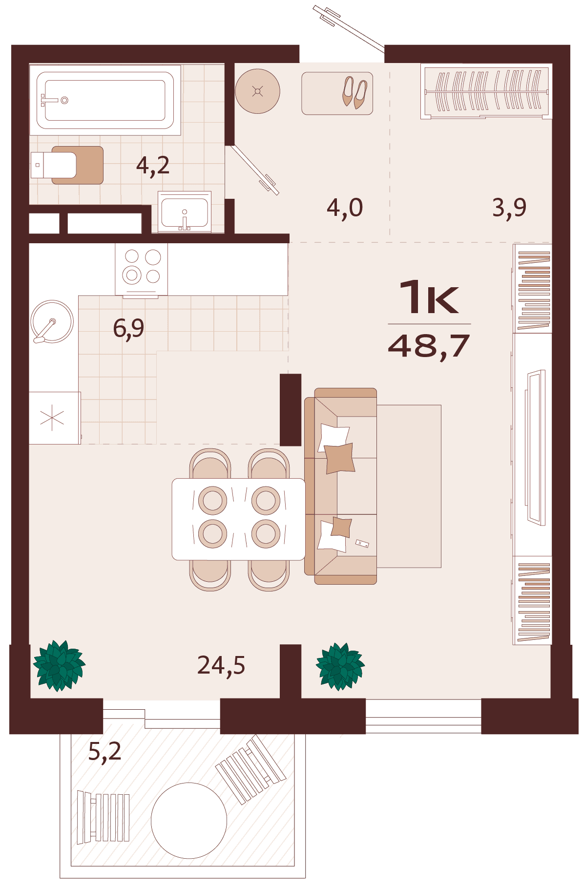 1-к, 48.7 м² · Роялта