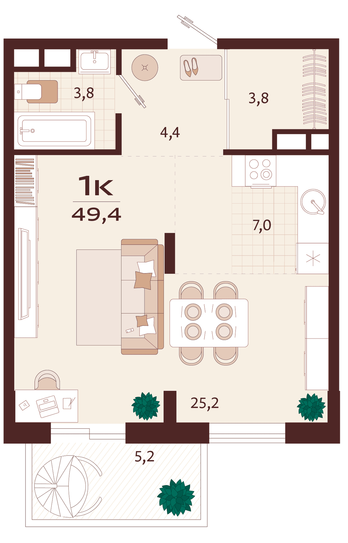 1-к, 49.4 м² · Роялта