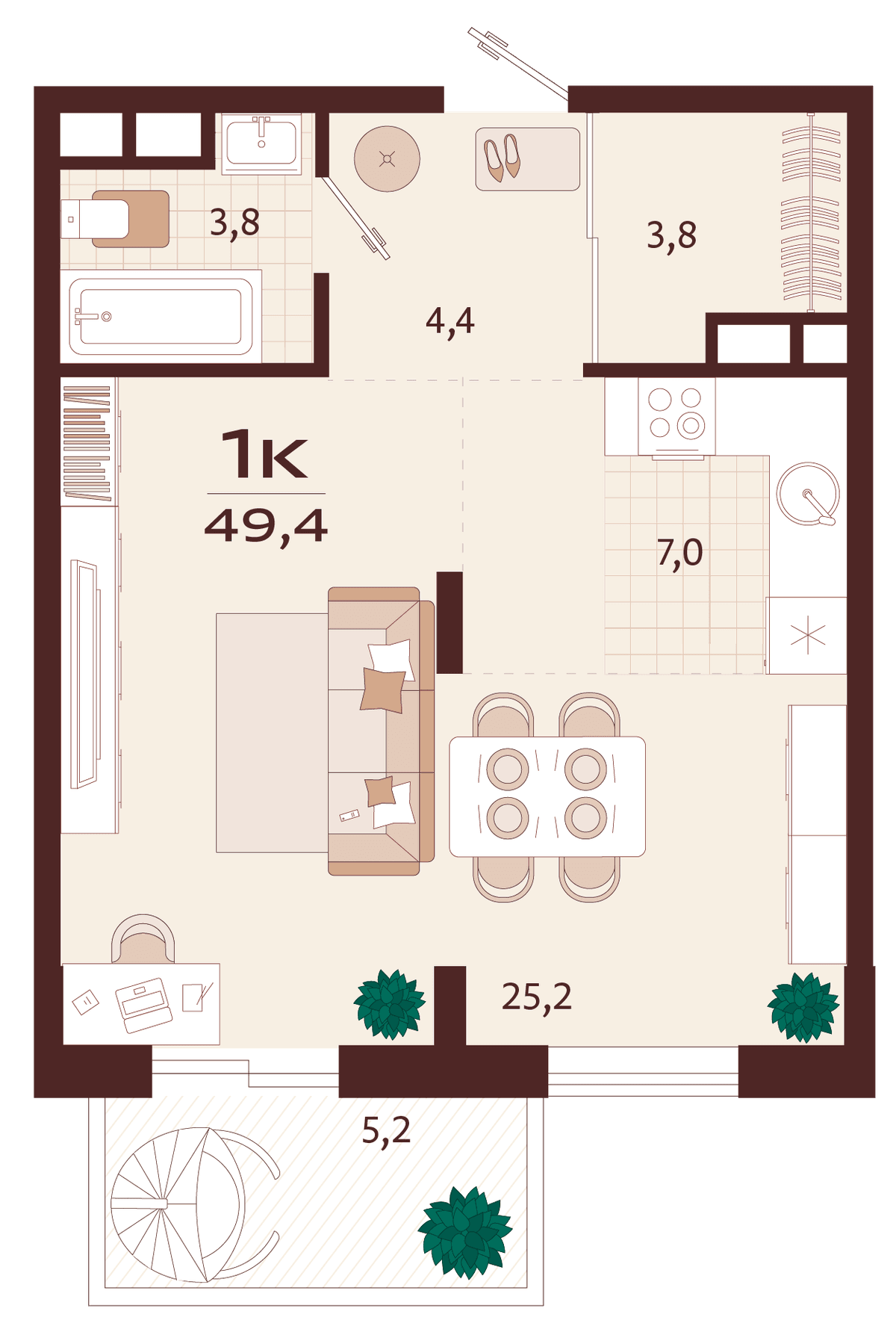 1-к, 49.4 м² · Роялта