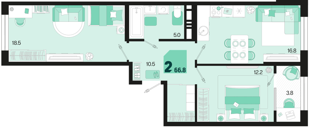 2-к, 66.8 м² · Первое место