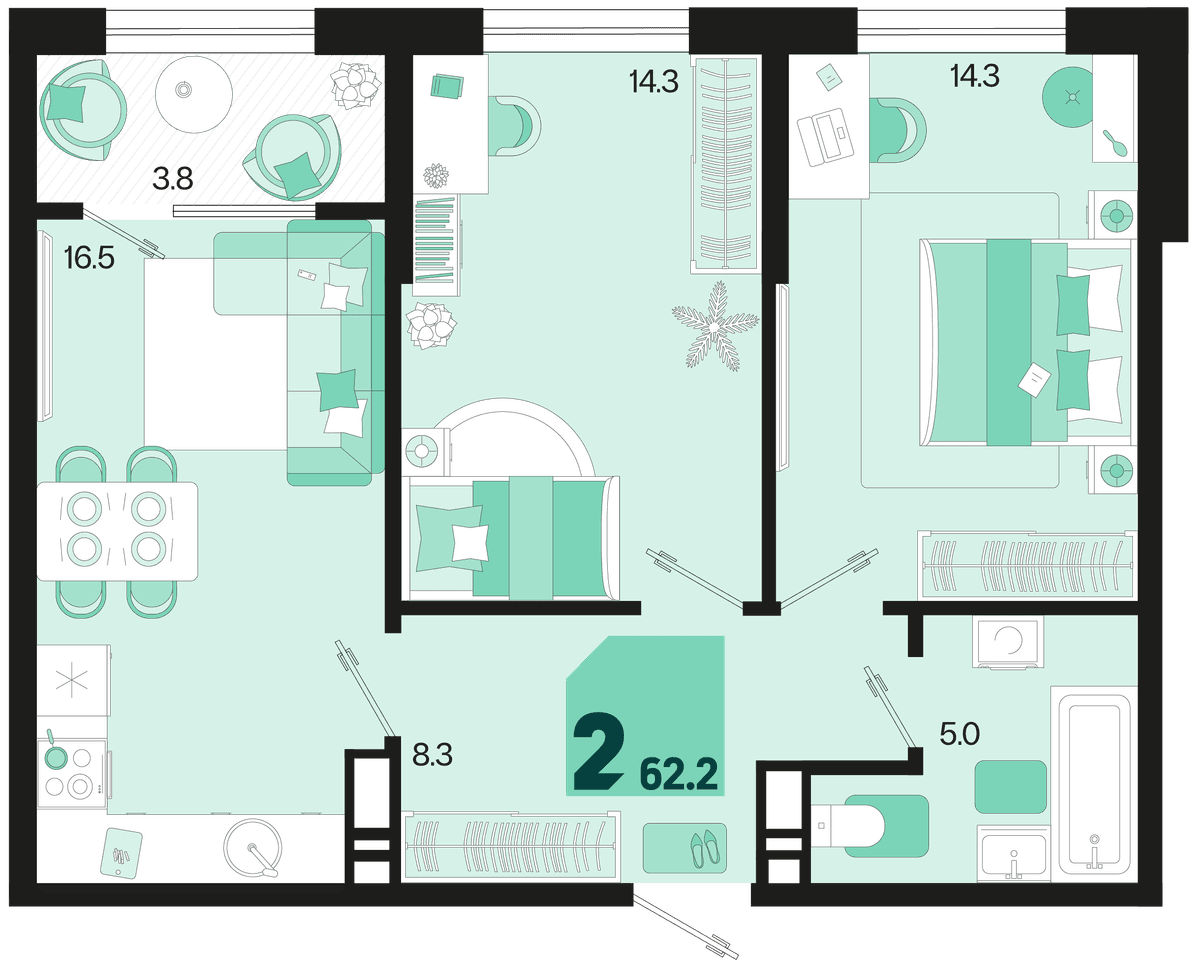 2-к, 62.2 м² · Первое место