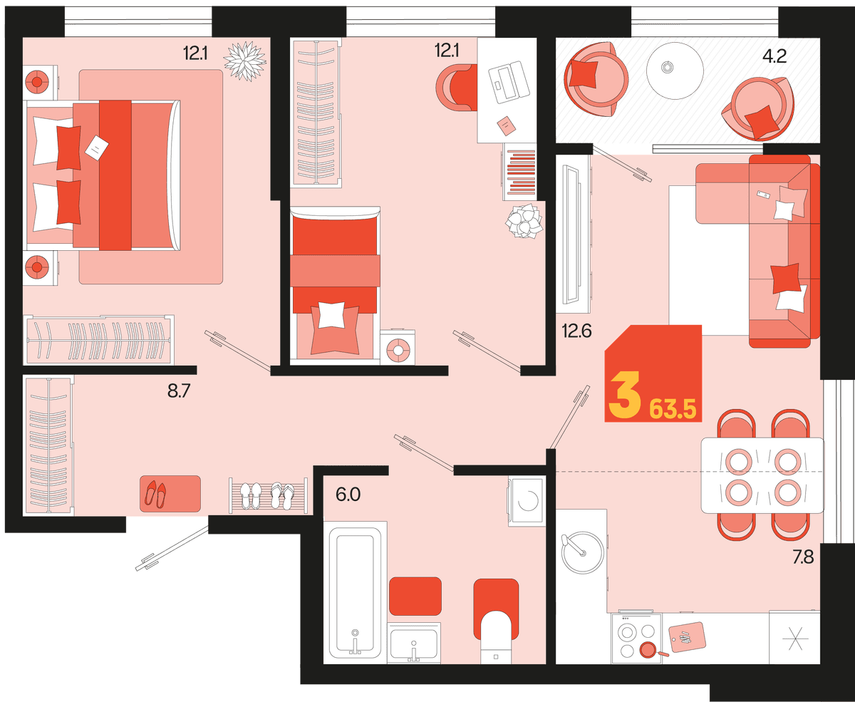 3-к, 63.5 м² · Первое место