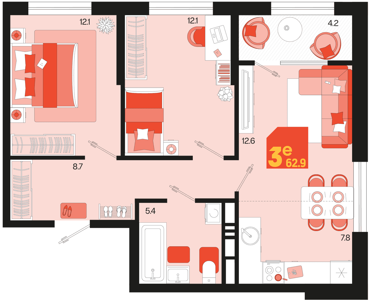 3-к, 62.9 м² · Первое место