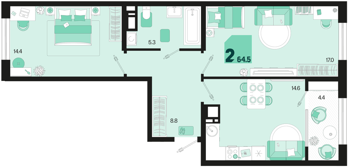 2-к, 64.5 м² · Первое место