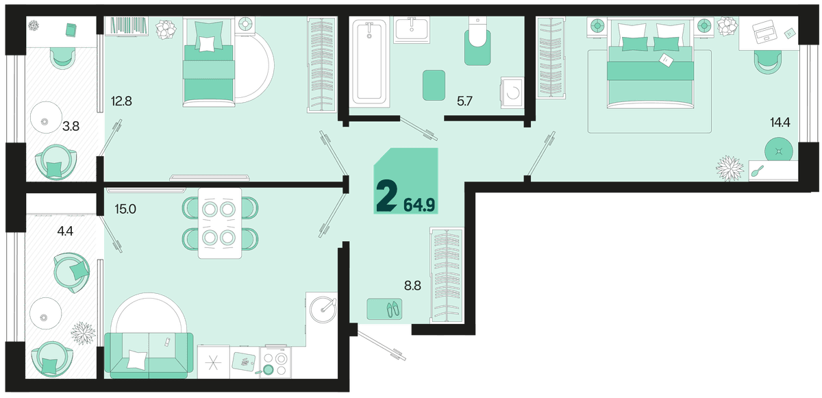 2-к, 64.9 м² · Первое место
