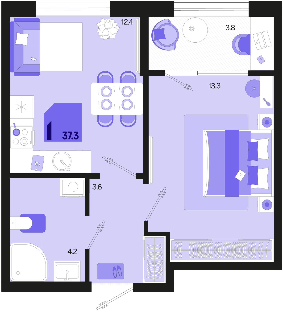 1-к, 37.3 м² · Первое место