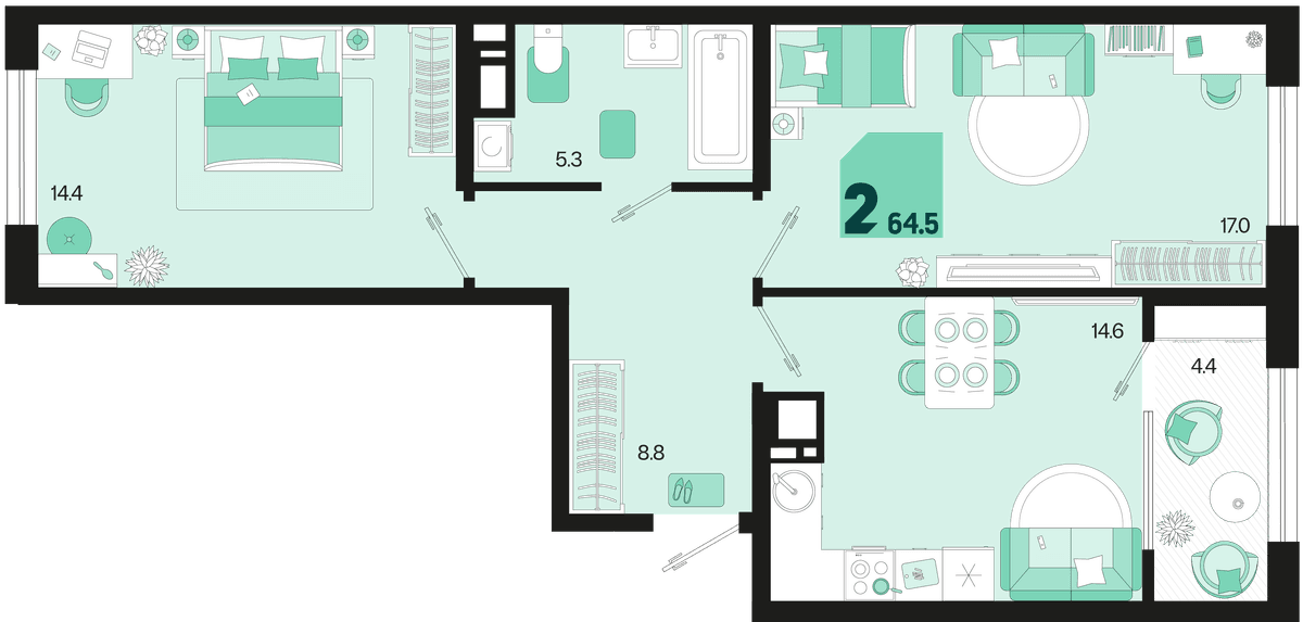 2-к, 64.5 м² · Первое место