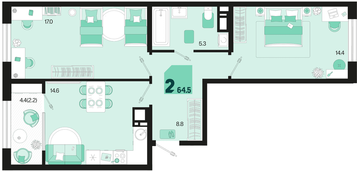 2-к, 64.5 м² · Первое место