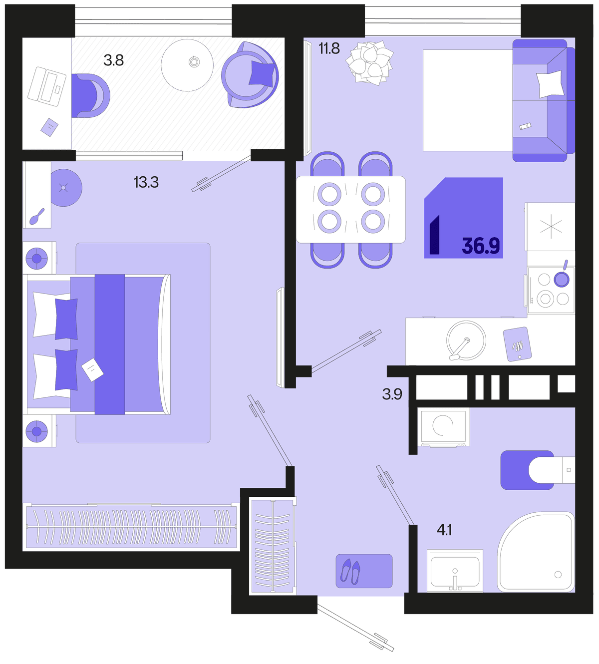 1-к, 36.9 м² · Первое место
