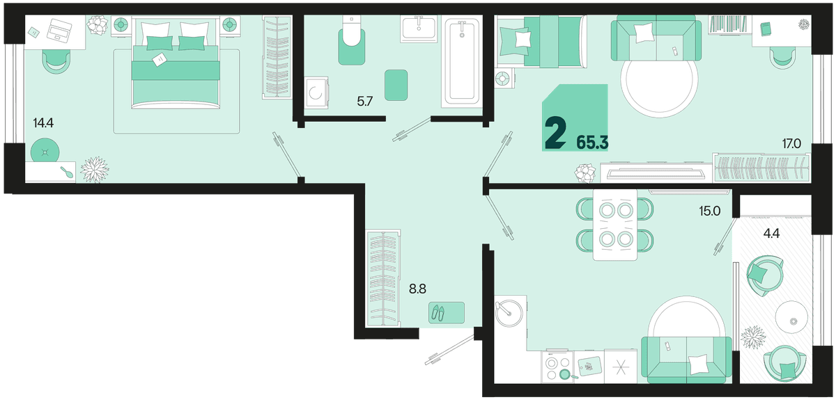 2-к, 65.3 м² · Первое место