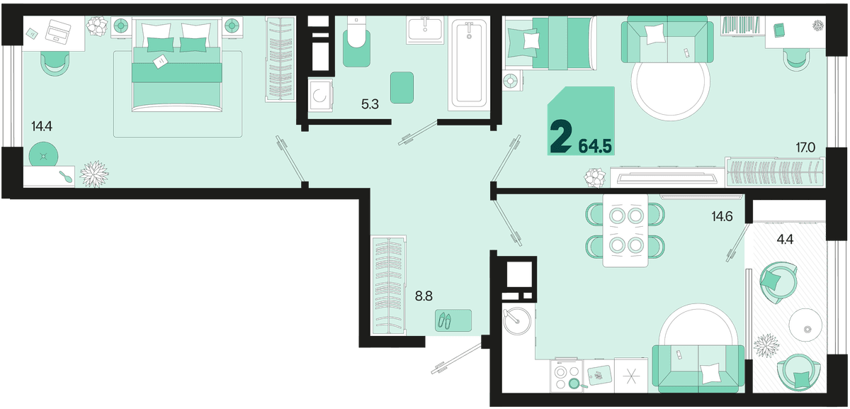 2-к, 64.5 м² · Первое место