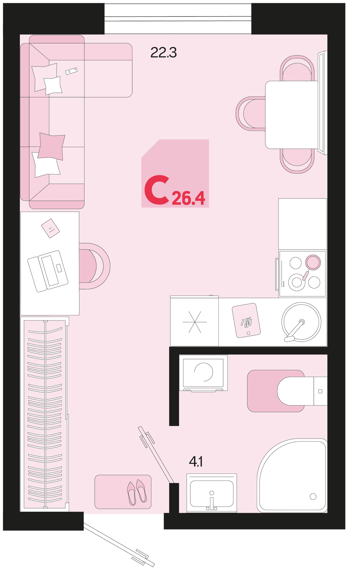 Студия, 26.4 м² · Первое место