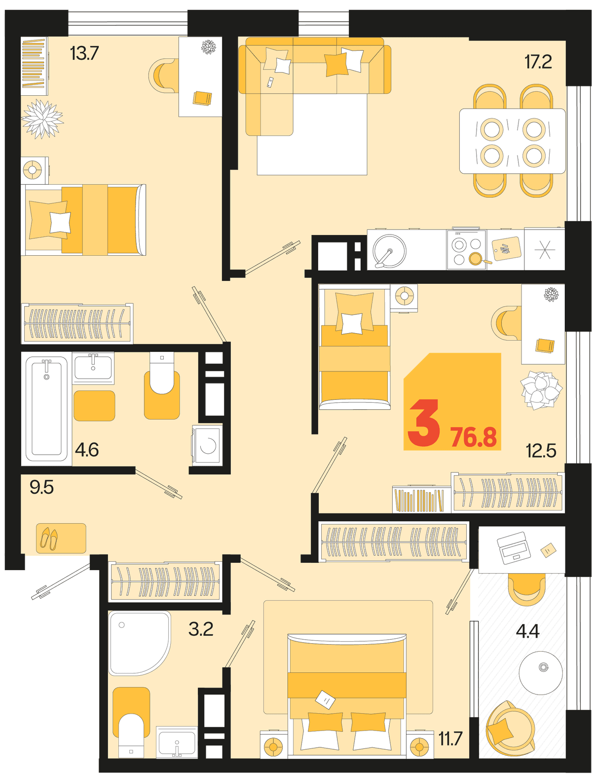 3-к, 76.8 м² · Первое место