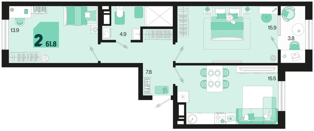 2-к, 61.8 м² · Первое место