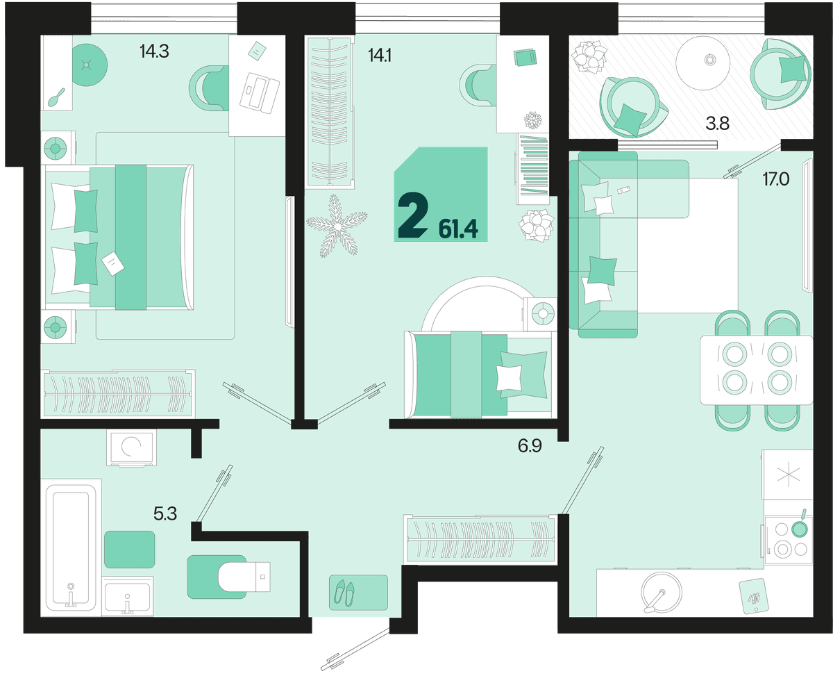 2-к, 61.4 м² · Первое место
