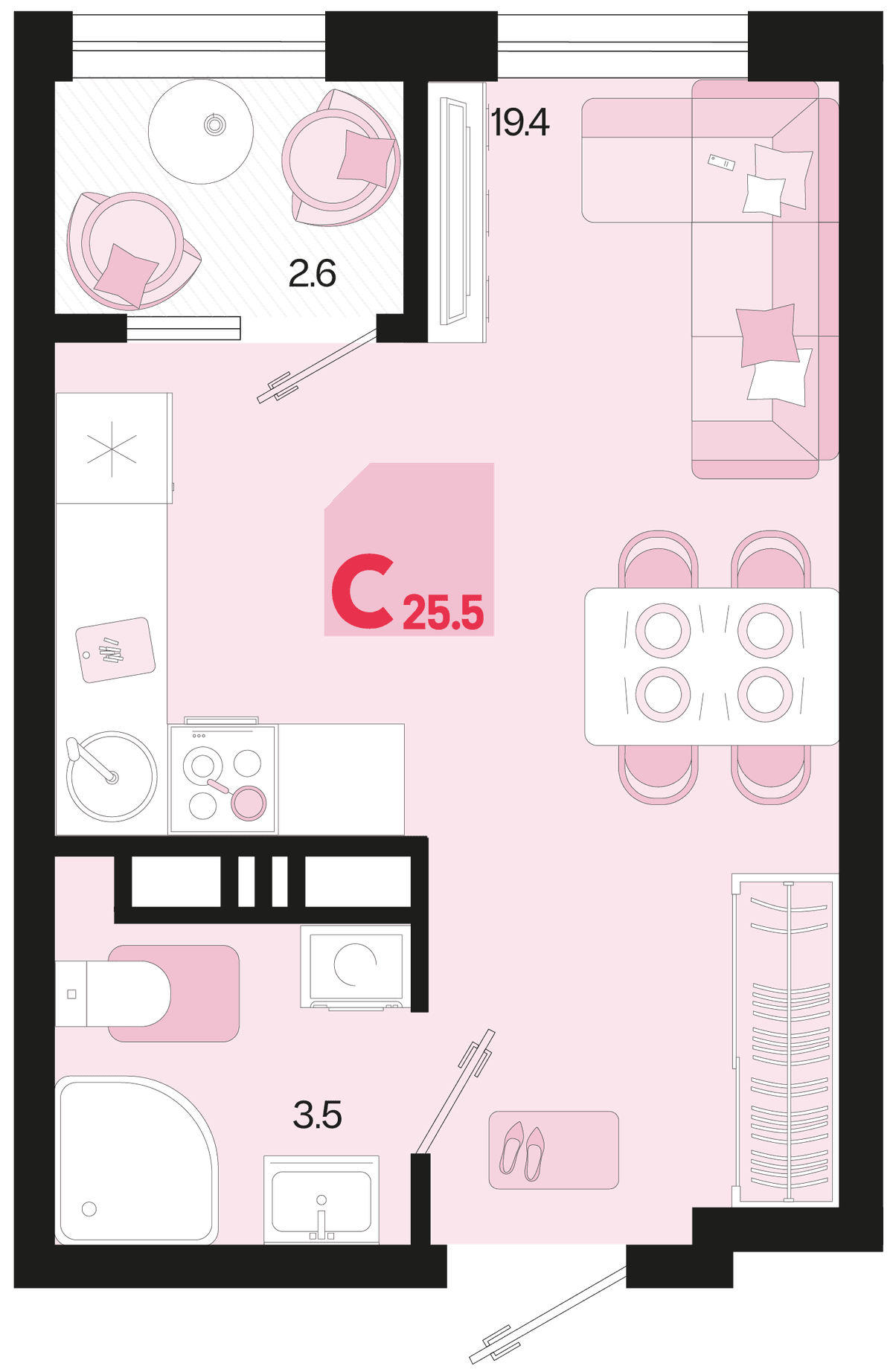 Студия, 25.5 м² · Первое место