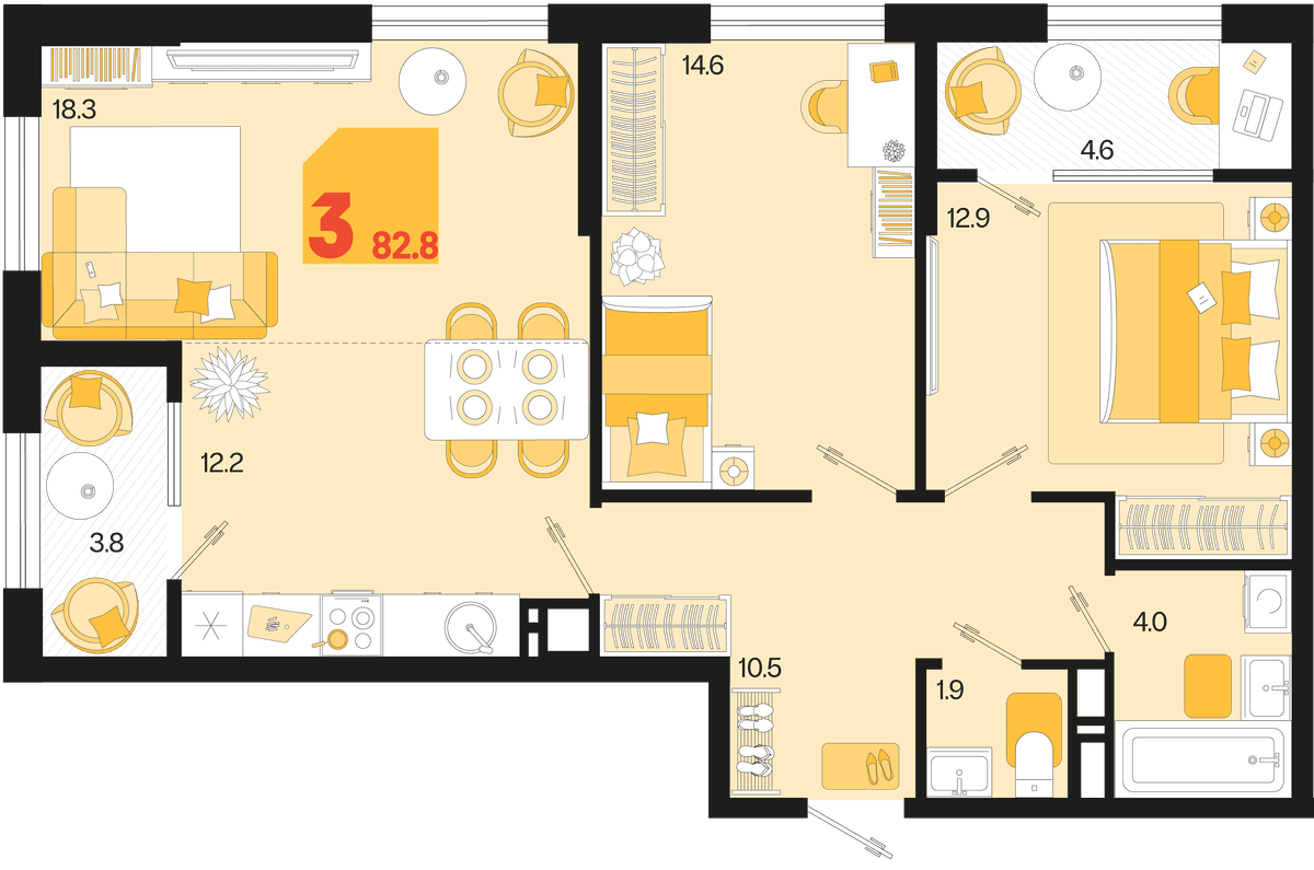 3-к, 82.8 м² · Первое место