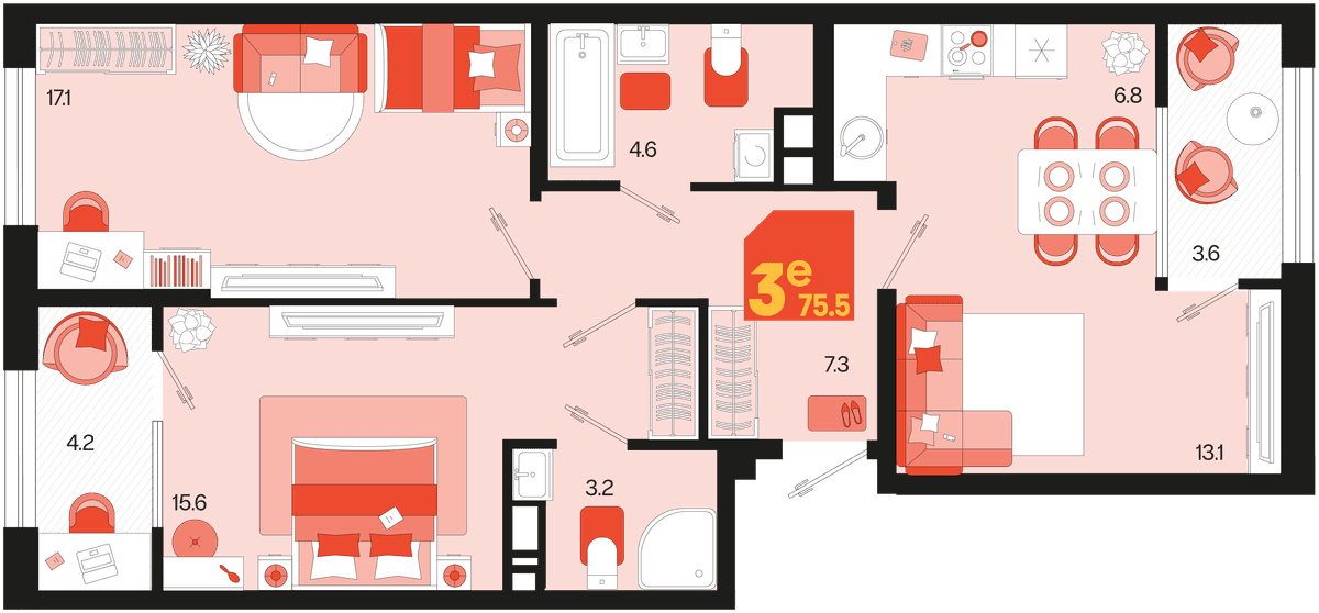 3-к, 75.4 м² · Первое место