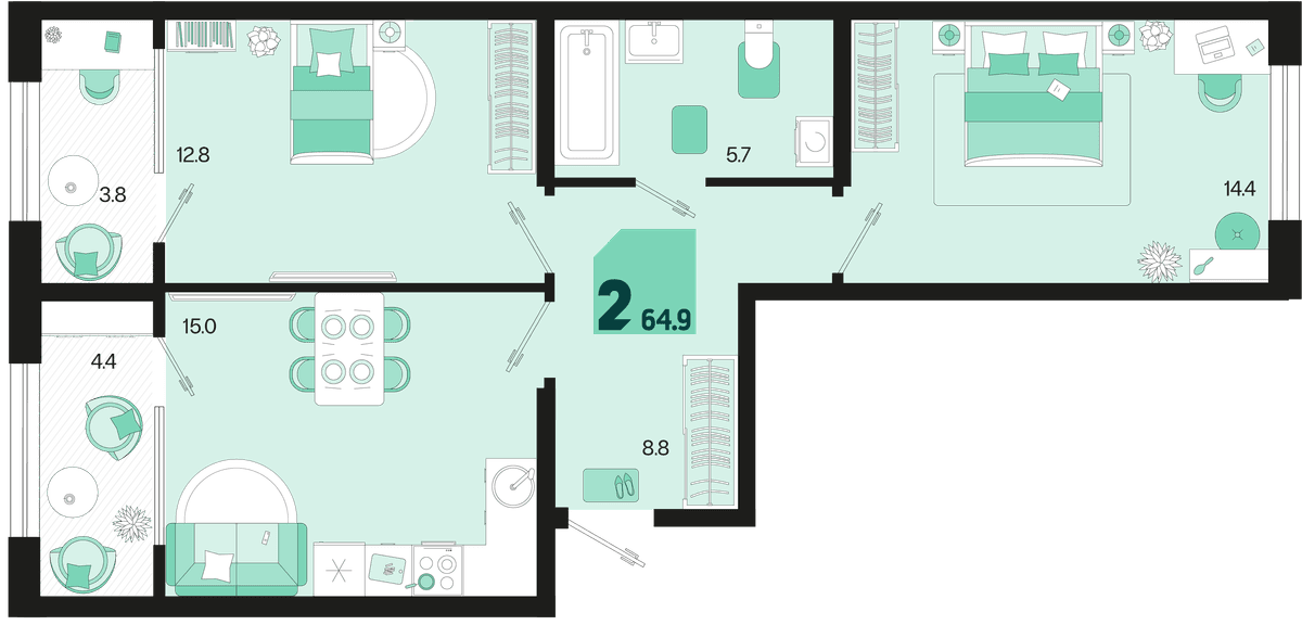 2-к, 64.9 м² · Первое место