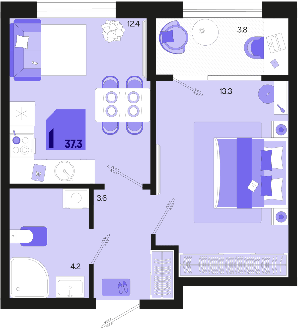 1-к, 37.3 м² · Первое место
