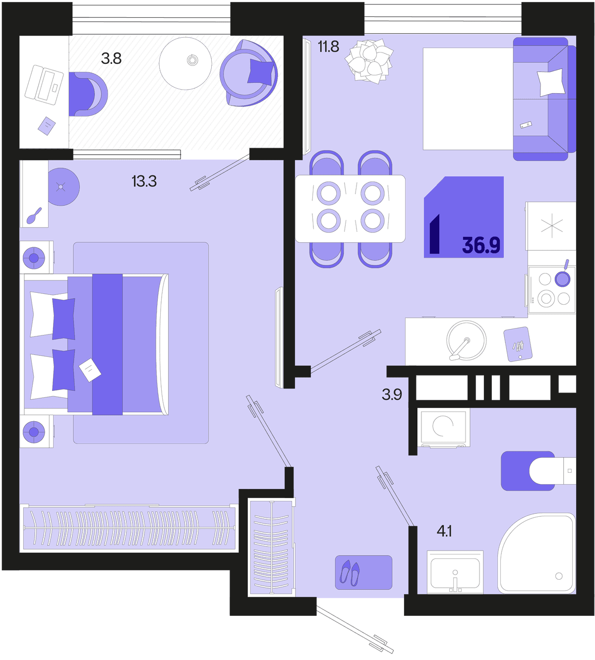 1-к, 36.9 м² · Первое место
