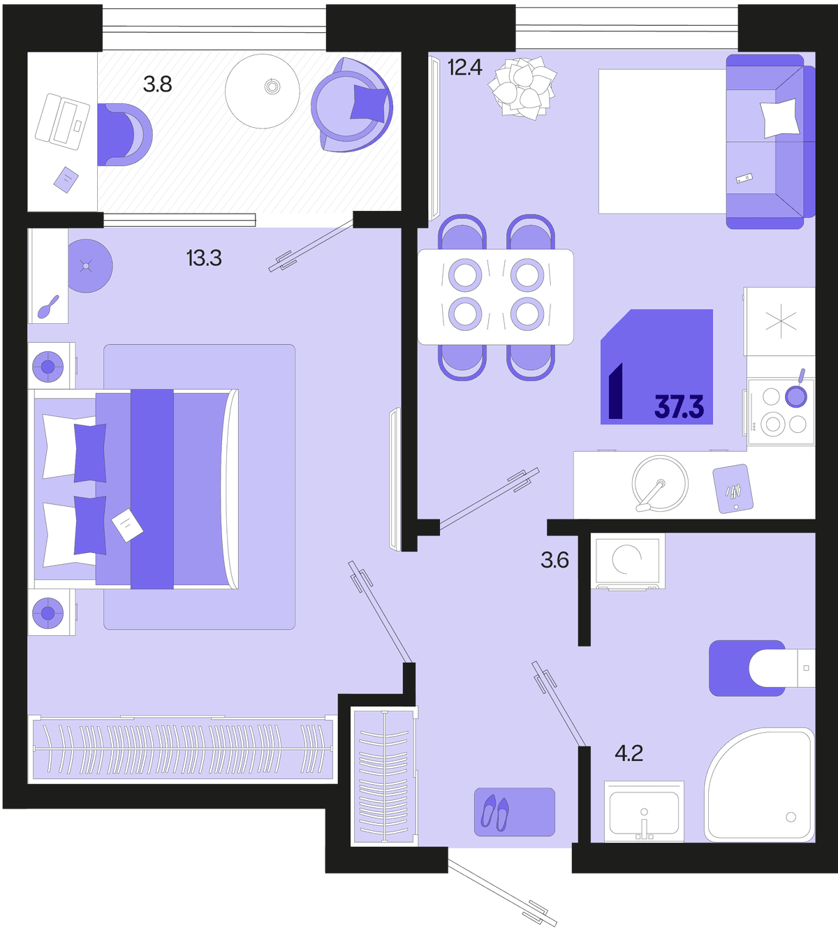 1-к, 37.3 м² · Первое место