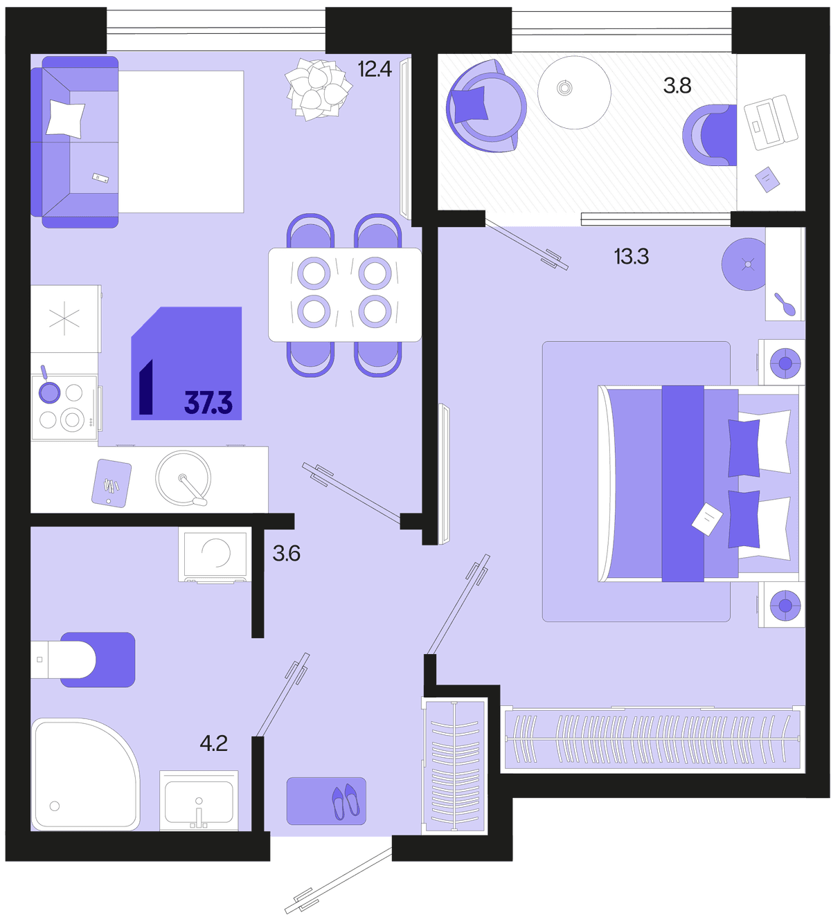 1-к, 37.3 м² · Первое место