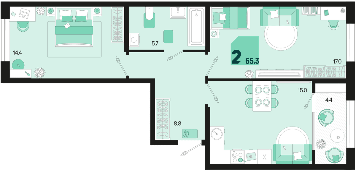 2-к, 65.3 м² · Первое место