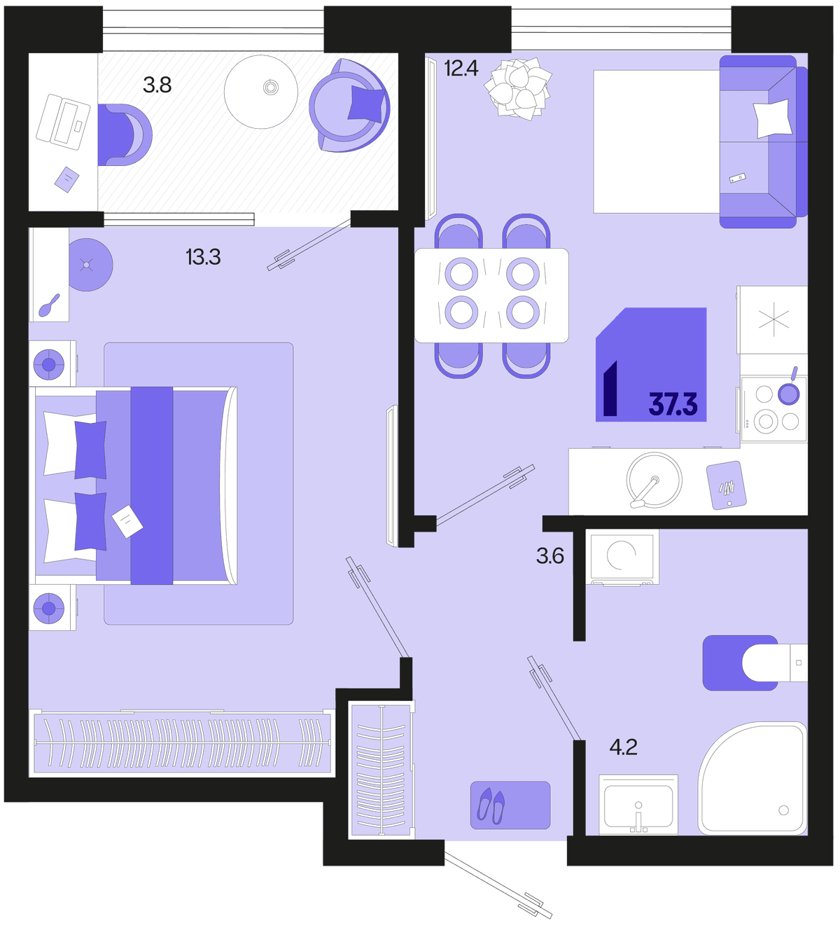 1-к, 37.3 м² · Первое место