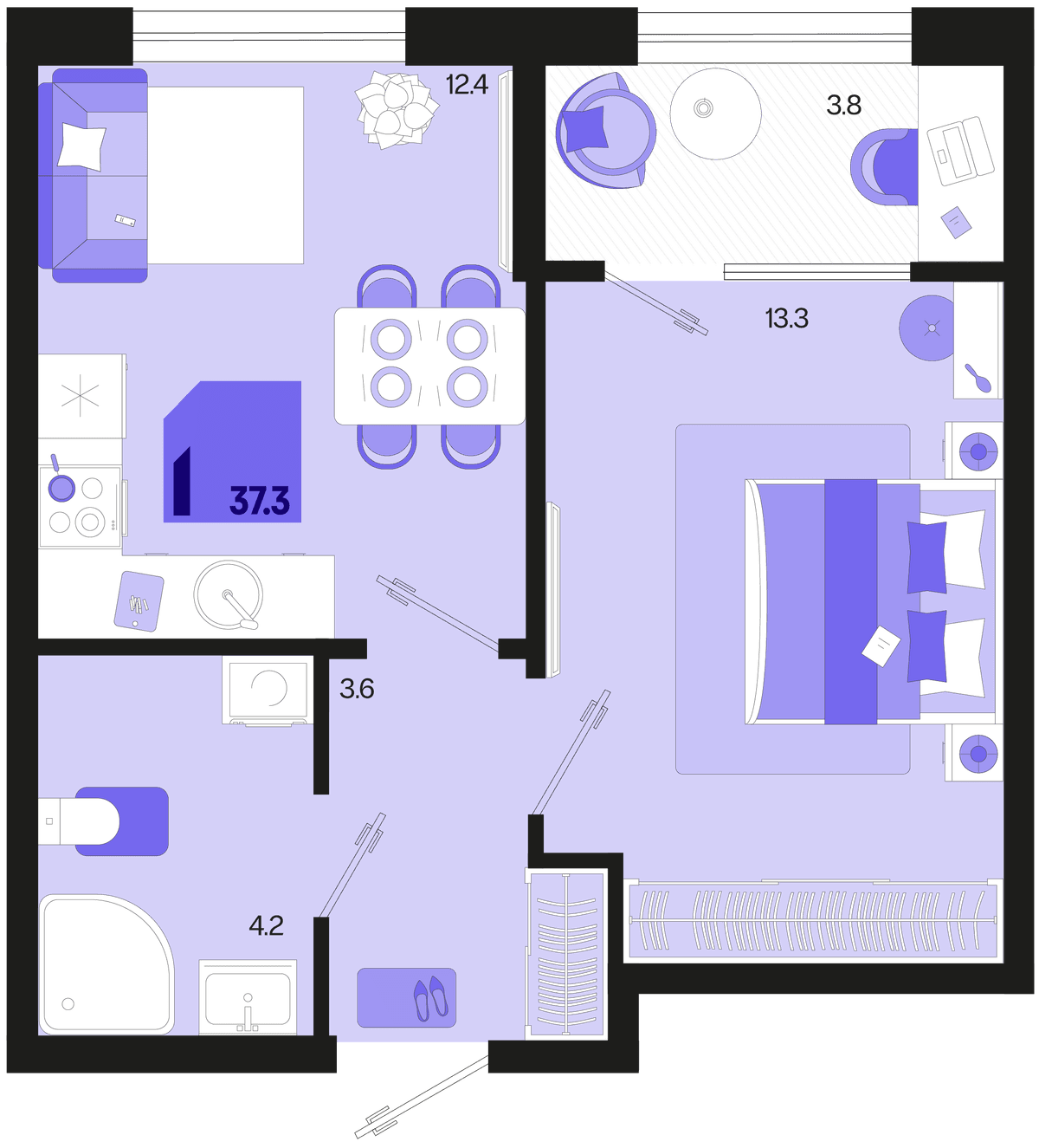 1-к, 37.3 м² · Первое место