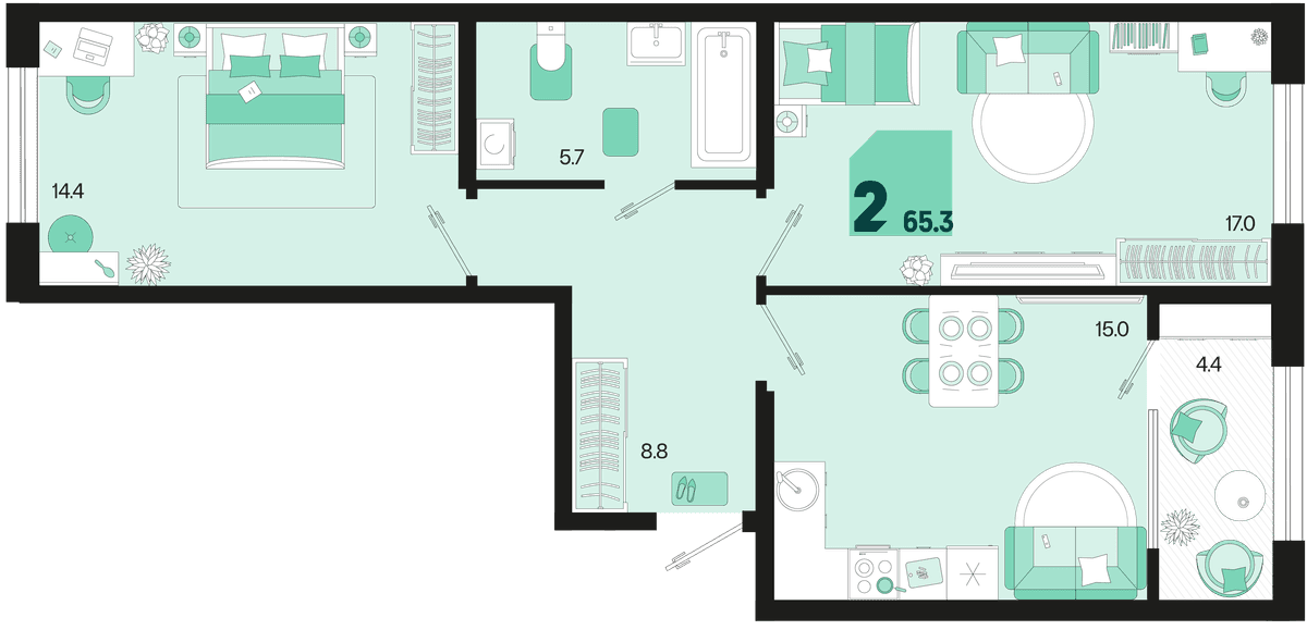 2-к, 65.3 м² · Первое место