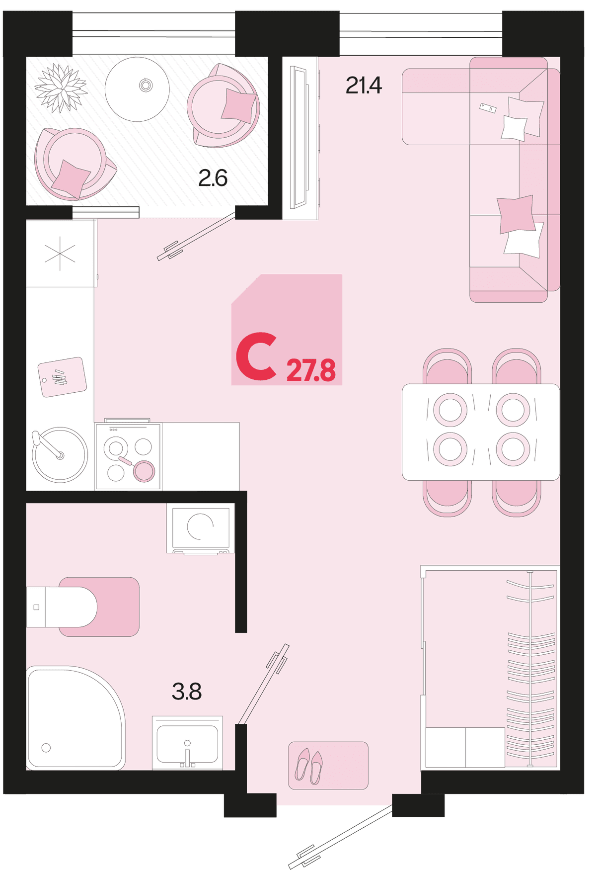 Студия, 27.8 м² · Первое место