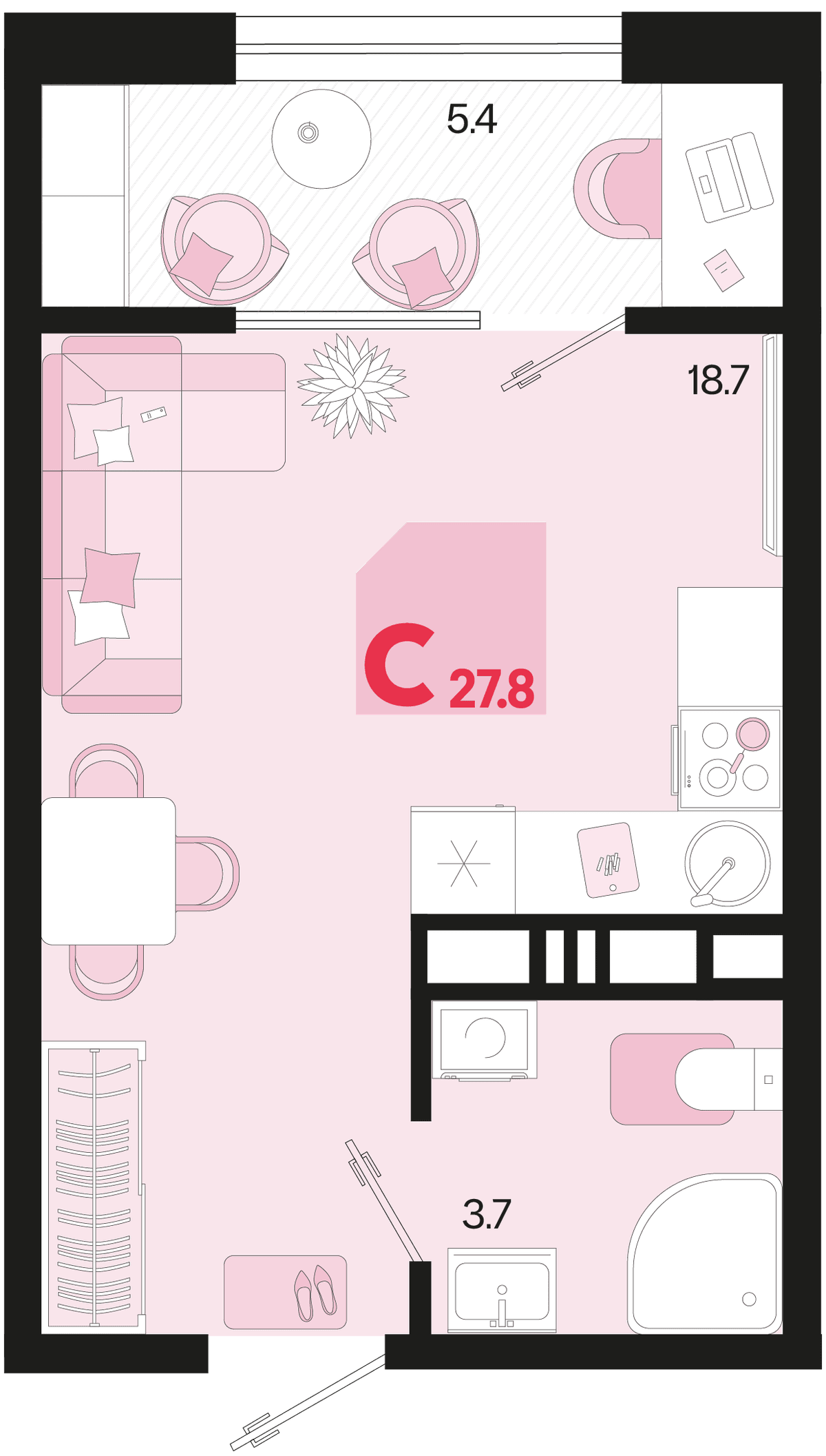 Студия, 27.8 м² · Первое место