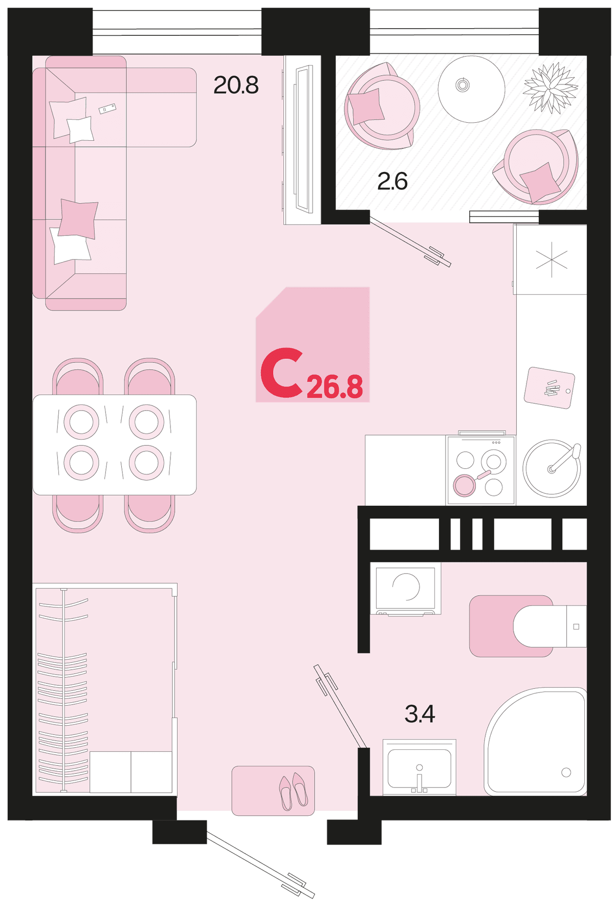 Студия, 26.8 м² · Первое место