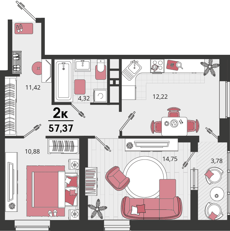 2-к, 57.37 м² · Родные просторы