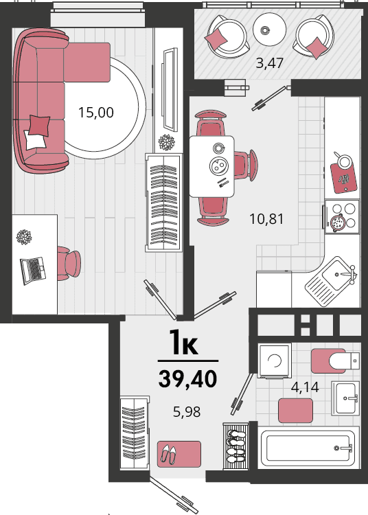 1-к, 39.4 м² · Родные просторы