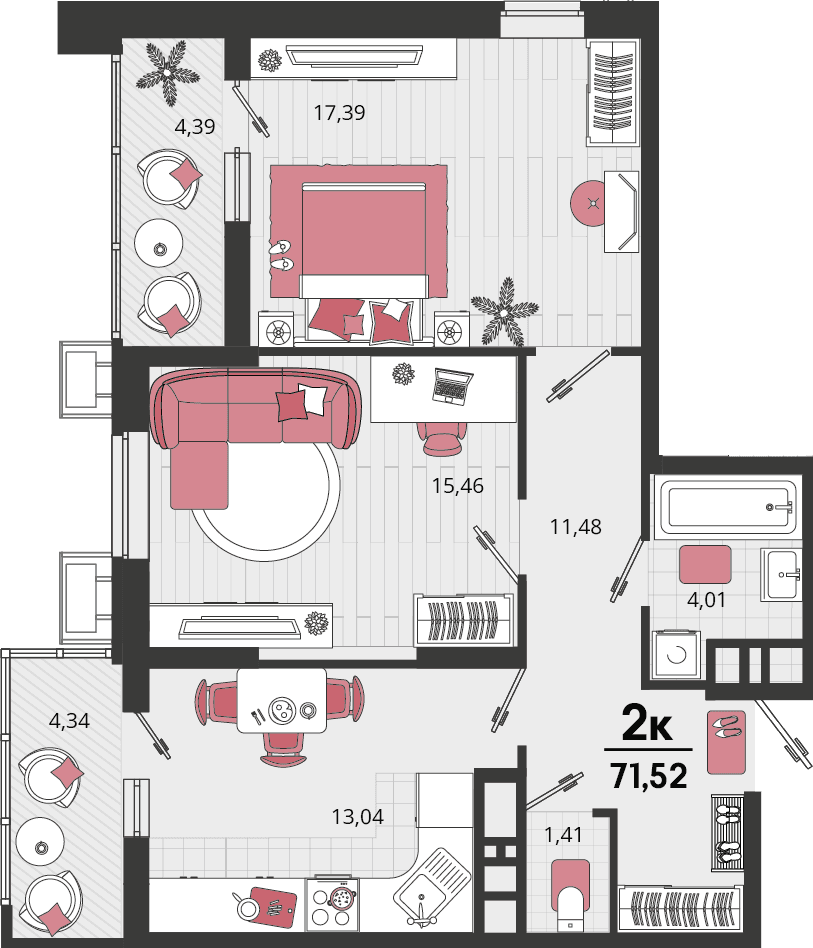 2-к, 71.52 м² · Родные просторы